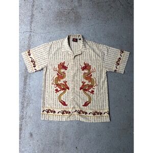 Vintage Wikmonda Mens Large Dragon Calligraphy Button Up Cream Red Short Sleeve